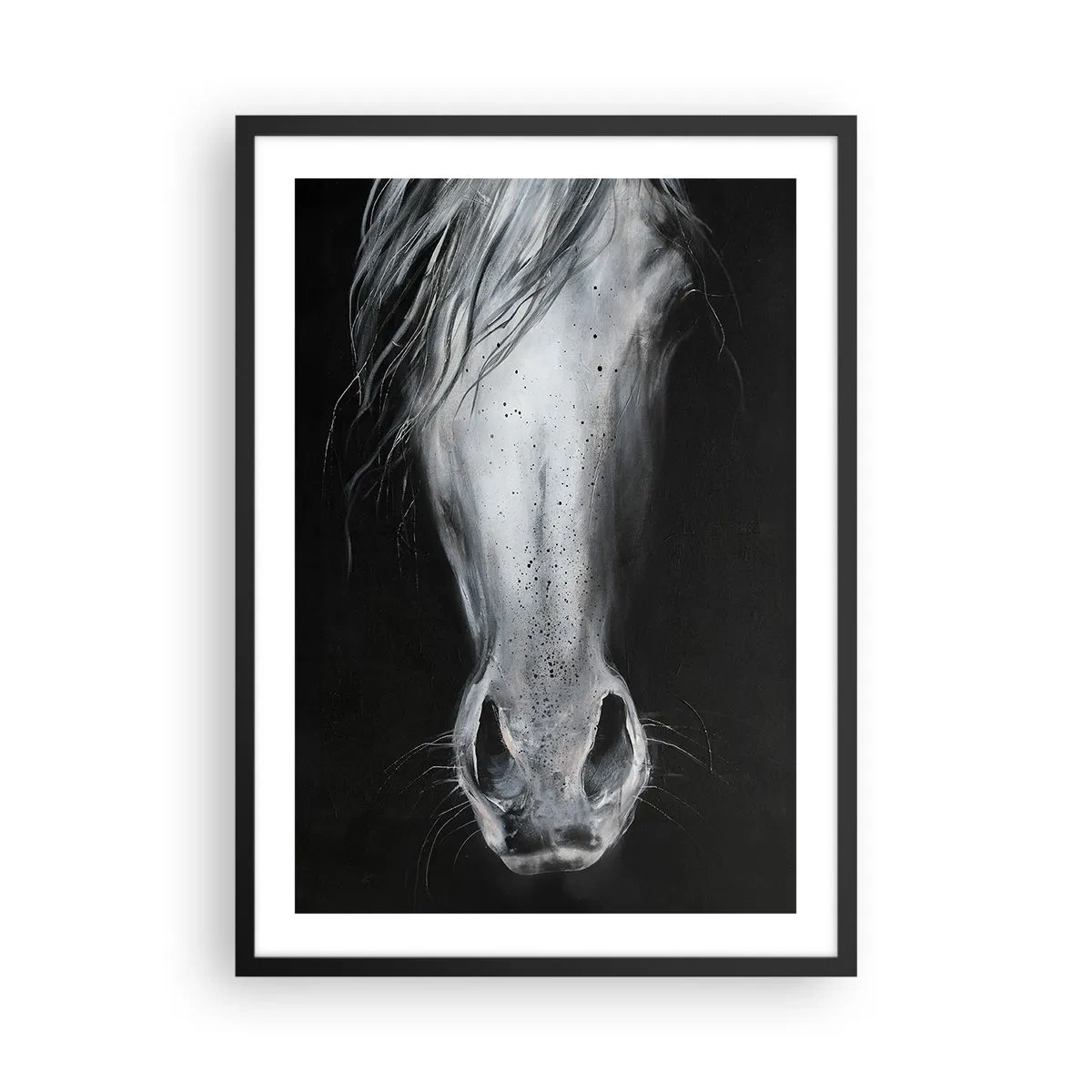 Plakát v černém rámu - Detailní záběr na koňskou tvář v černé a bílé - 50x70cm - Svůdný pohled - Moderní nástěnná dekorace do obývacího pokoje a ložnice ARTTOR