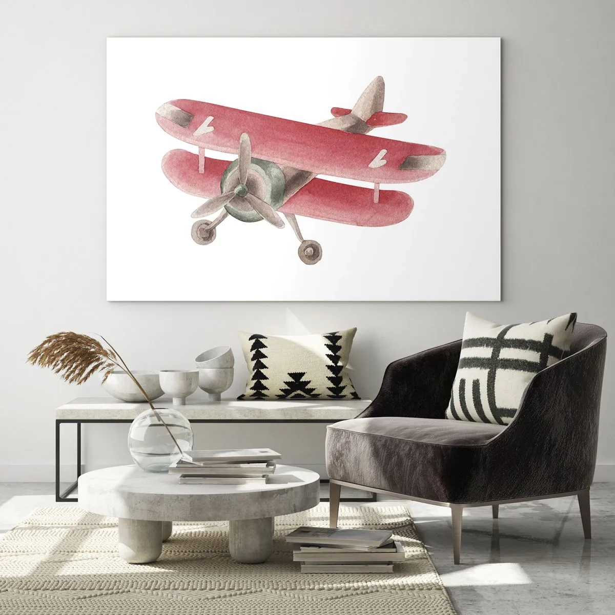 Obraz na skle - Retro styl dvouplošníku v odstínech červené - 70x50cm - Připraven na vysoký let - Moderní nástěnná dekorace do obývacího pokoje a ložnice ARTTOR