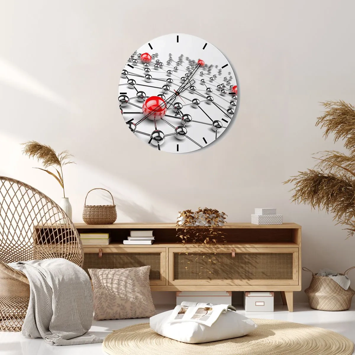 Nástěnné hodiny - Molekulární struktura s červenými akcenty na bílém pozadí - 30x30cm - Stříbrná síť - Moderní nástěnná dekorace do obývacího pokoje, kuchyně a ložnice ARTTOR