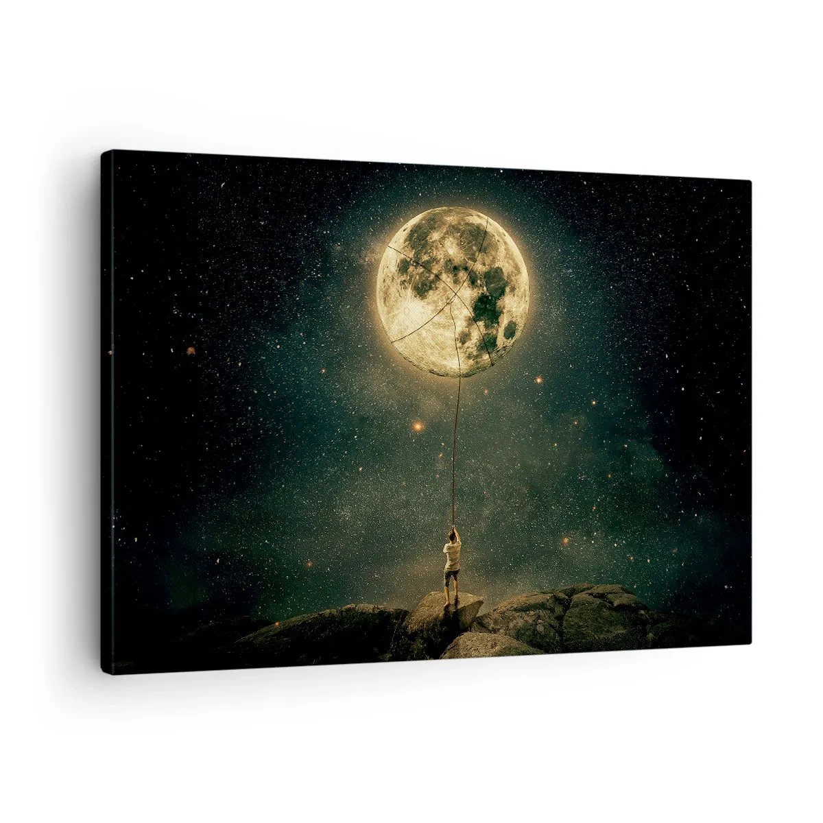 Obraz na plátně - Muž s měsícem proti hvězdné obloze - 70x50cm - Kluk, který ukradl měsíc - Moderní nástěnná dekorace do obývacího pokoje a ložnice ARTTOR
