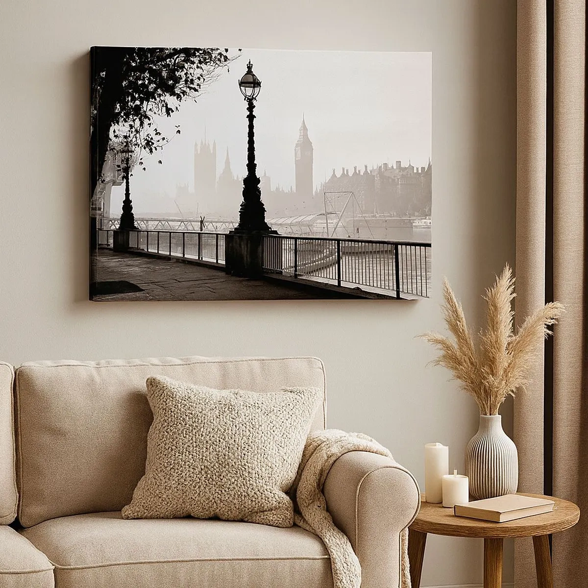 Obraz na plátně - Monochromatický pohled na Big Ben a Temži. - 70x50cm - Londýnské ráno - Moderní nástěnná dekorace do obývacího pokoje a ložnice ARTTOR