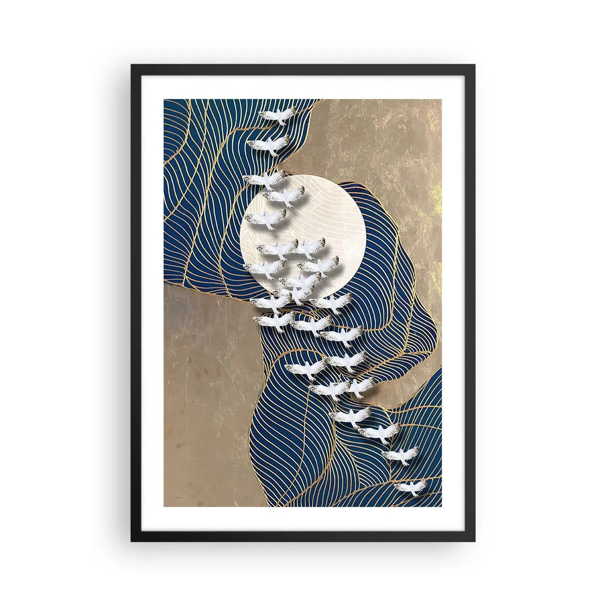 Plakát v černém rámu - Abstraktní kompozice s ptáky a měsícem ve zlatých tónech - 50x70cm - Svoboda, putování, společenství - Moderní nástěnná dekorace do obývacího pokoje a ložnice ARTTOR