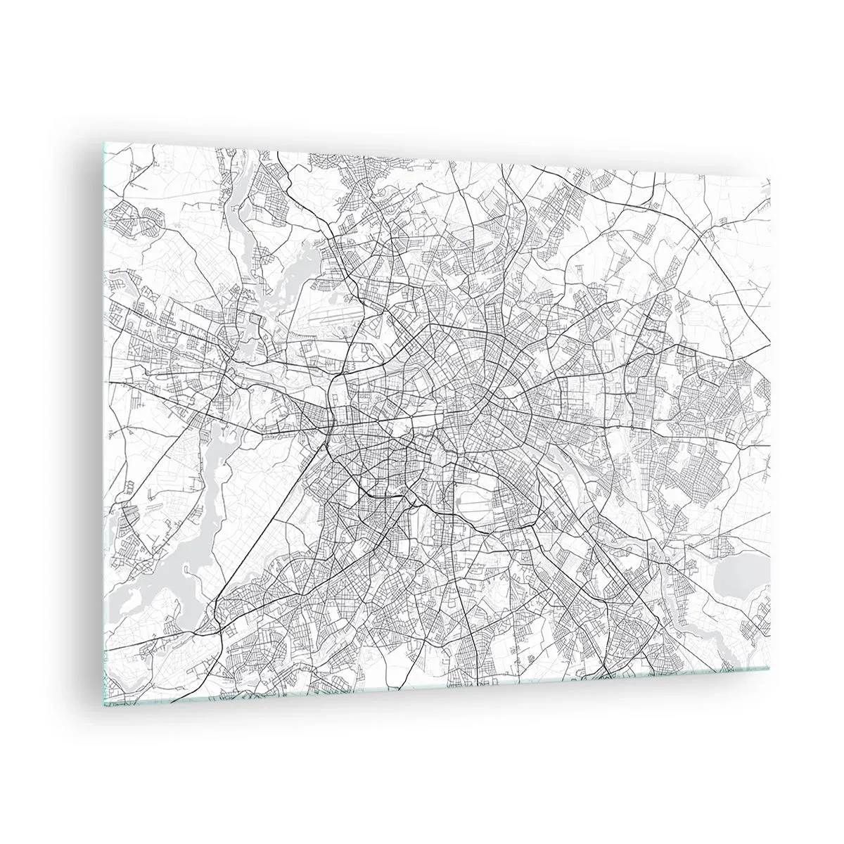 Obraz na skle - Černobílá mapa Berlína s geometrickým rozložením ulic - 70x50cm - Květ Berlína - Moderní nástěnná dekorace do obývacího pokoje a ložnice ARTTOR