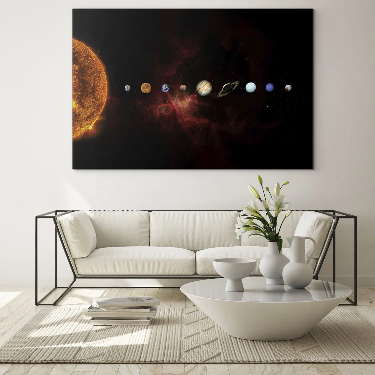 Obraz na skle - Planetární systém se Sluncem na černém pozadí - 70x50cm - Naše čtvrť - Moderní nástěnná dekorace do obývacího pokoje a ložnice ARTTOR