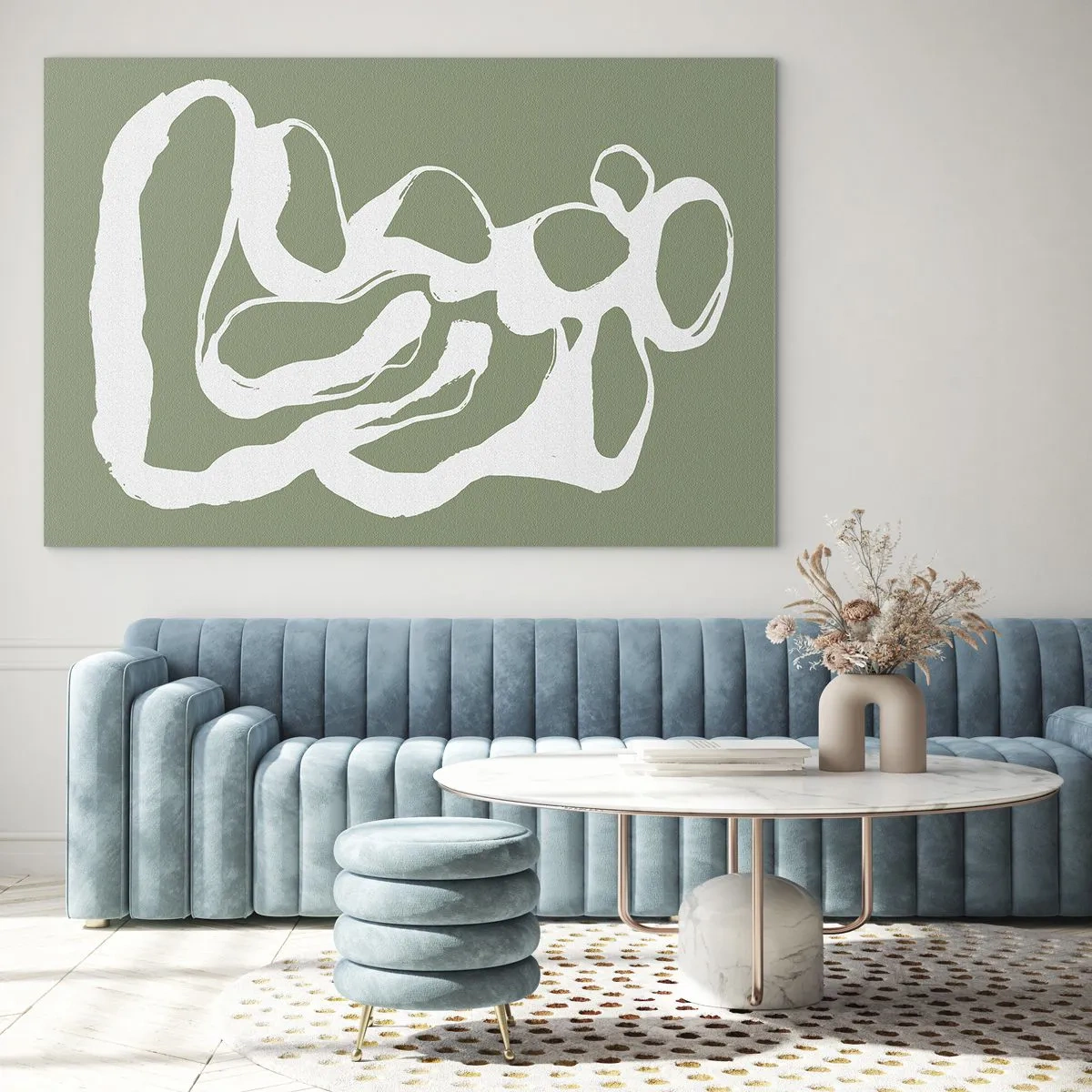 Obraz na skle - Abstraktní bílá organická forma na olivovém pozadí - 70x50cm - Volání prostoru - Moderní nástěnná dekorace do obývacího pokoje a ložnice ARTTOR