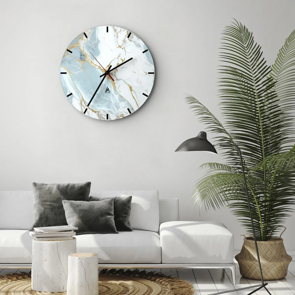 Nástěnné hodiny - Modrý a bílý mramor se zlatými žilkami po celé ploše - 30x30cm - Bohatství kamene - Moderní nástěnná dekorace do obývacího pokoje, kuchyně a ložnice ARTTOR