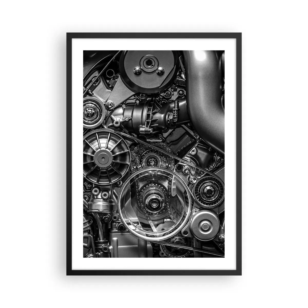 Plakát v černém rámu - Detailní záběr mechanických součástí motoru v černé a bílé barvě - 50x70cm - Poezie mechaniky - Moderní nástěnná dekorace do obývacího pokoje a ložnice ARTTOR