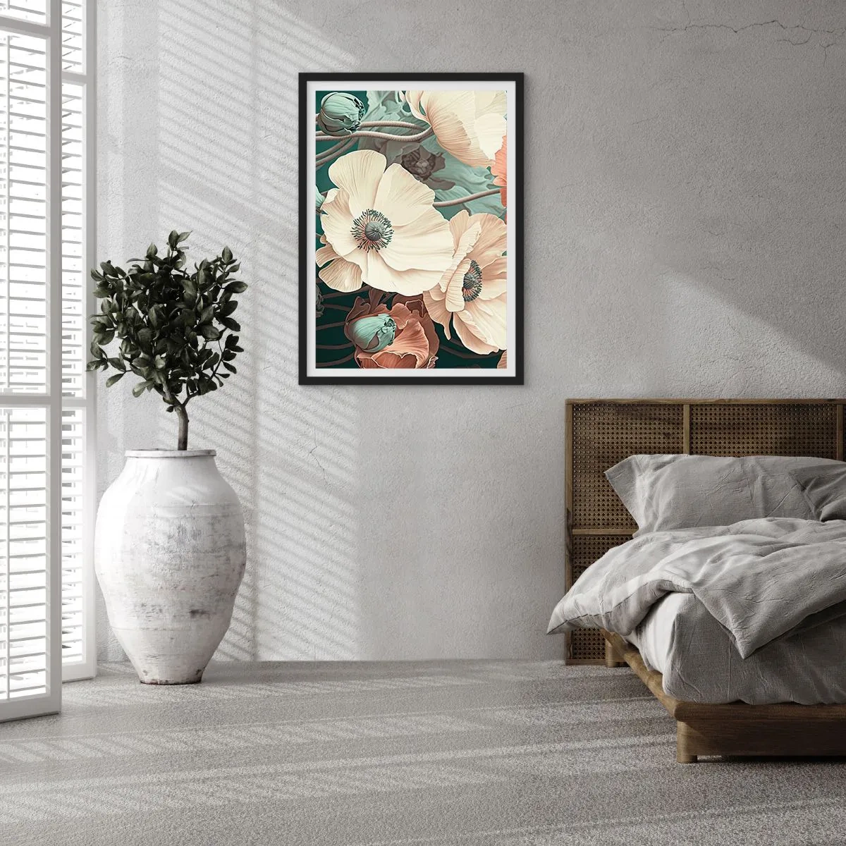 Plakát v černém rámu - Jemné květiny v pastelových odstínech na tmavém pozadí - 50x70cm - Šepot máků - Moderní nástěnná dekorace do obývacího pokoje a ložnice ARTTOR