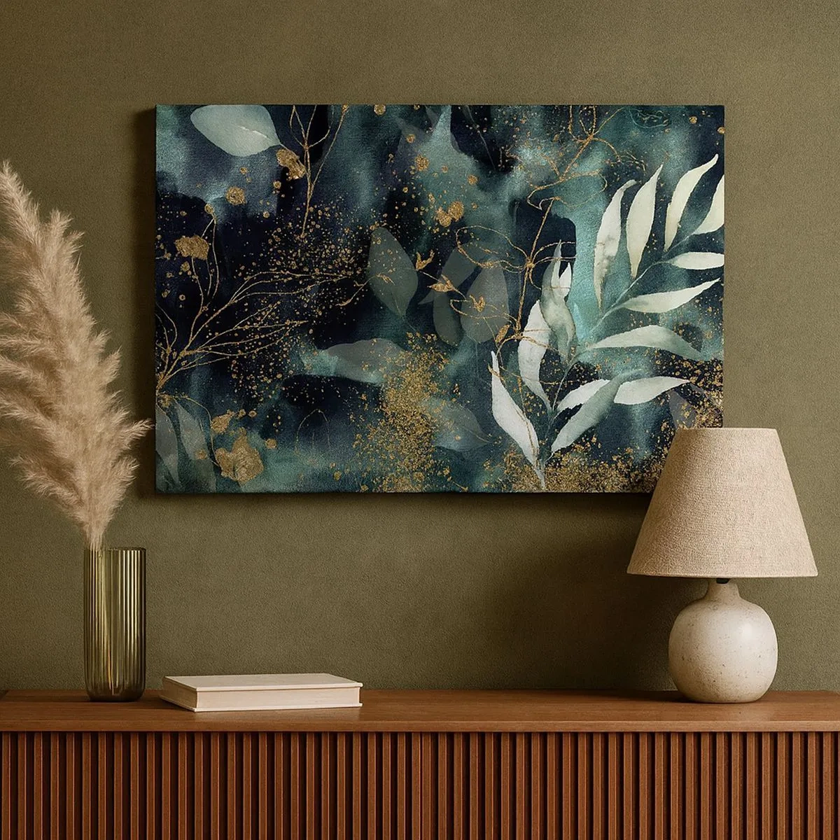 Obraz na plátně - Elegantní listy na tmavém pozadí se zlatými akcenty - 70x50cm - Kouzelná zahrada - Moderní nástěnná dekorace do obývacího pokoje a ložnice ARTTOR