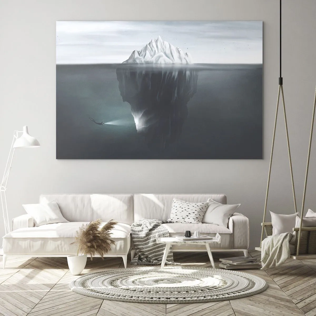 Obraz na skle - Ledovec s potápěčem prozkoumávajícím podvodní část - 70x50cm - Podvodní tajemství - Moderní nástěnná dekorace do obývacího pokoje a ložnice ARTTOR