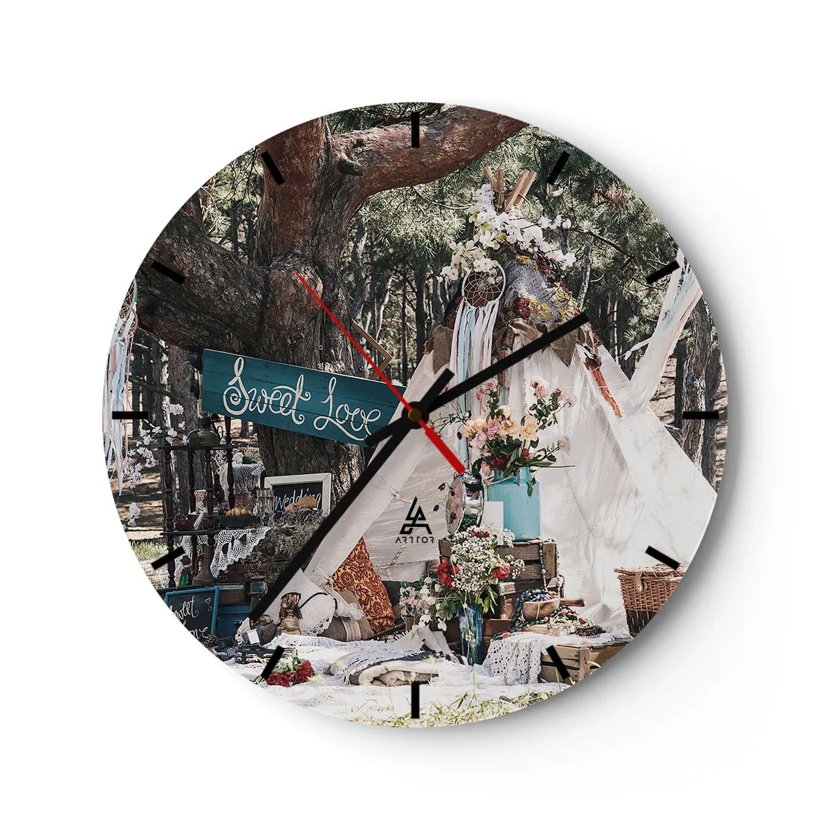 Nástěnné hodiny - Romantická svatební výzdoba v lesním prostředí - 30x30cm - Make love… - Moderní nástěnná dekorace do obývacího pokoje, kuchyně a ložnice ARTTOR