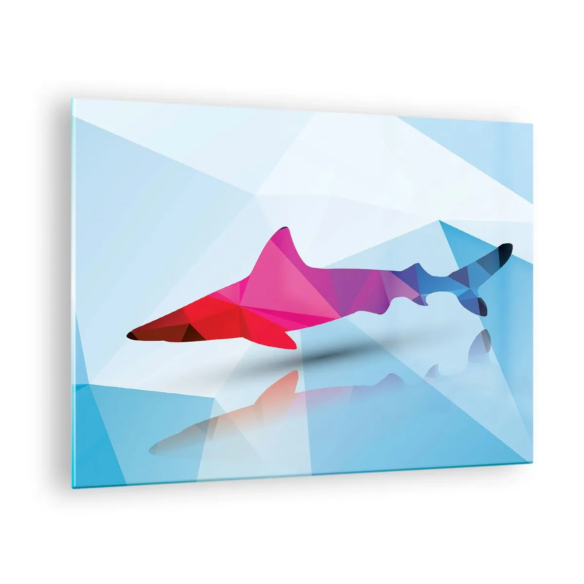 Obraz na skle - Geometrický žralok v odstínech červené a modré - 70x50cm - Žralok v krystalickém prostoru - Moderní nástěnná dekorace do obývacího pokoje a ložnice ARTTOR