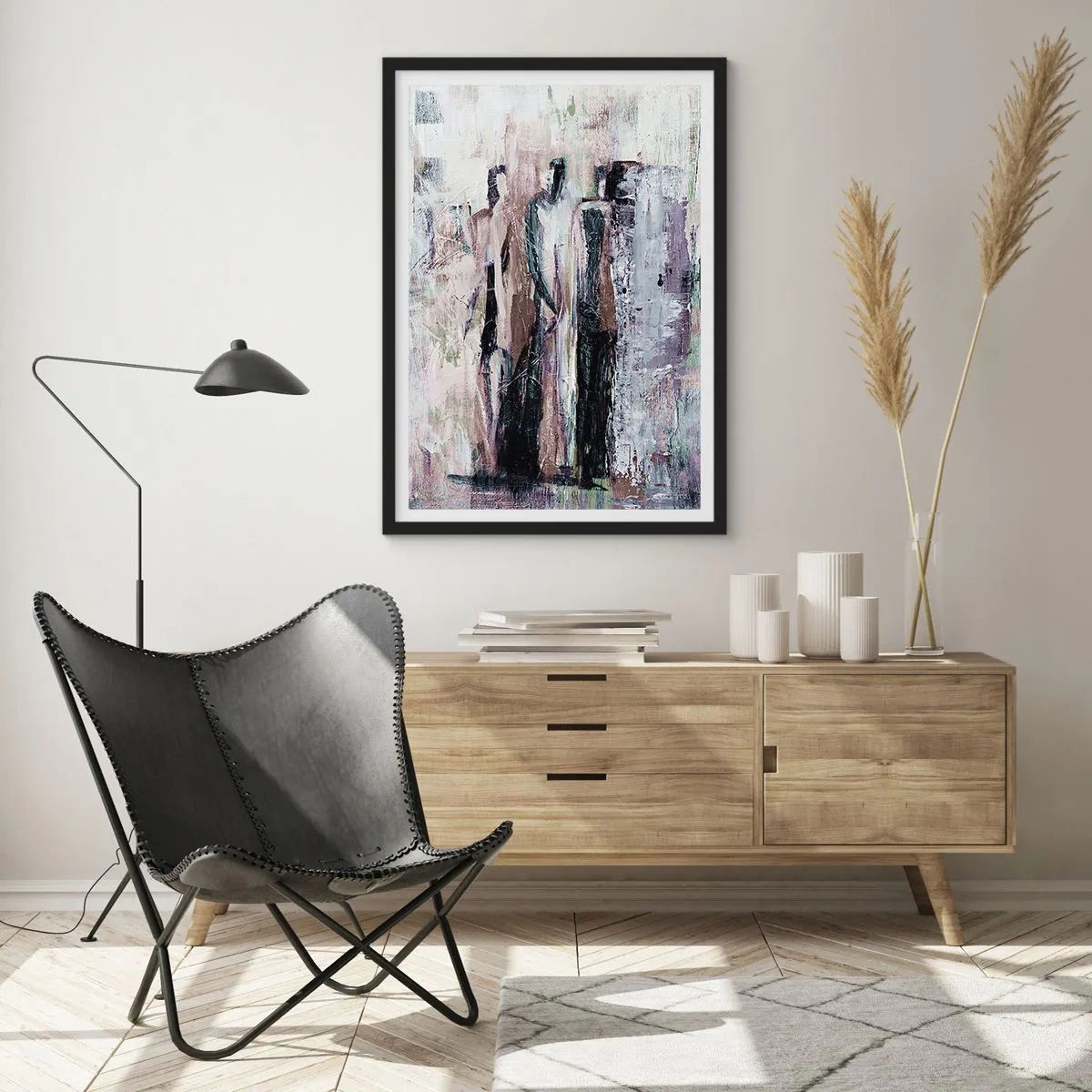 Plakát v černém rámu - Abstraktní postavy v tlumených barvách - 50x70cm - Tajemná trojice - Moderní nástěnná dekorace do obývacího pokoje a ložnice ARTTOR