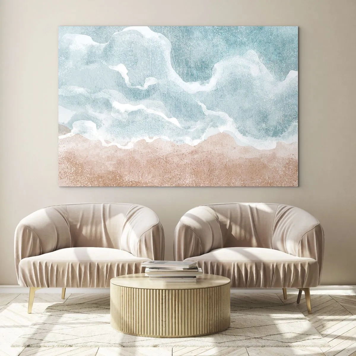 Obraz na skle - Pastelové vlny v modrých a béžových odstínech vytvářejí oblačnou abstrakci. - 70x50cm - Abstrakce mraků - Moderní nástěnná dekorace do obývacího pokoje a ložnice ARTTOR