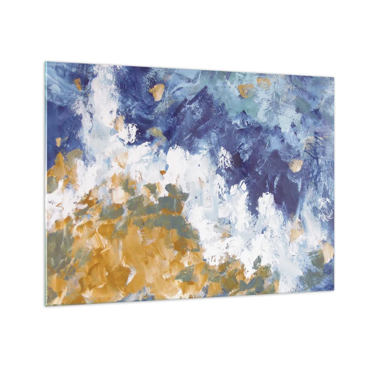 Obraz na skle - Abstraktní tahy barvy v modré, bílé a zlaté barvě - 70x50cm - Tanec živlů - Moderní nástěnná dekorace do obývacího pokoje a ložnice ARTTOR