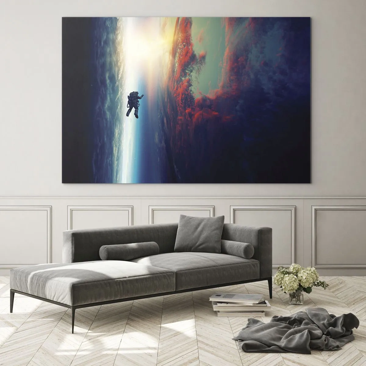 Obraz na skle - Astronaut unášený vesmírem směrem ke světlu - 70x50cm - Tváří v tvář vesmíru - Moderní nástěnná dekorace do obývacího pokoje a ložnice ARTTOR