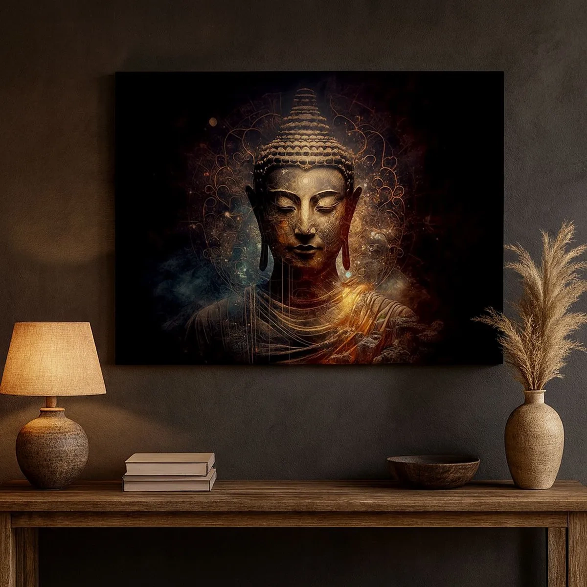 Obraz na plátně - Zlatý Buddha na tmavém pozadí s ornamenty - 70x50cm - Duchovní rovnováha - Moderní nástěnná dekorace do obývacího pokoje a ložnice ARTTOR