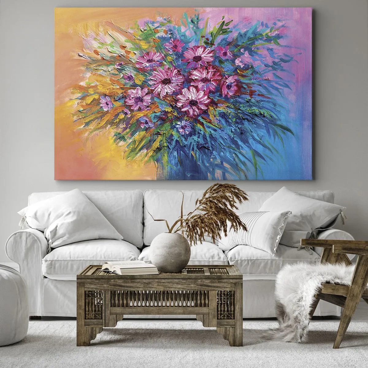 Obraz na plátně - Barevné květiny v kytici na pastelově zbarveném pozadí - 70x50cm - Energie života - Moderní nástěnná dekorace do obývacího pokoje a ložnice ARTTOR