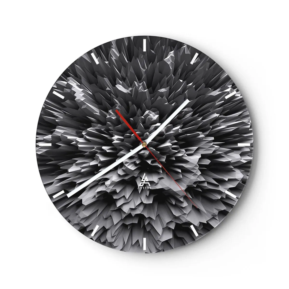 Nástěnné hodiny - Abstraktní černobílá 3D kompozice v podobě exploze - 30x30cm - Ostřejší to už nebude - Moderní nástěnná dekorace do obývacího pokoje, kuchyně a ložnice ARTTOR