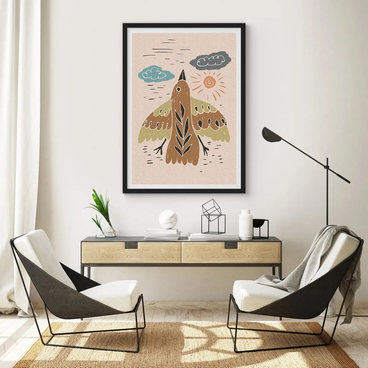 Plakát v černém rámu - Barevná ilustrace ptáka za letu, s mraky a sluncem v pozadí. - 50x70cm - Radostný let - Moderní nástěnná dekorace do obývacího pokoje a ložnice ARTTOR