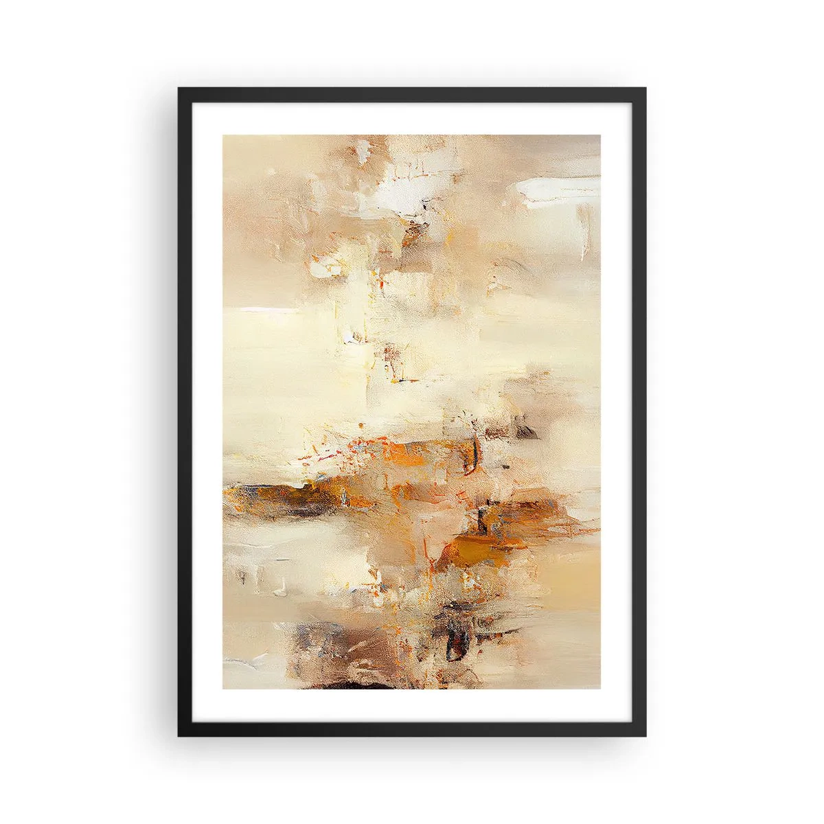 Plakát v černém rámu - Abstraktní kompozice v teplých odstínech béžové a zlaté. - 50x70cm - Duše jantaru - Moderní nástěnná dekorace do obývacího pokoje a ložnice ARTTOR