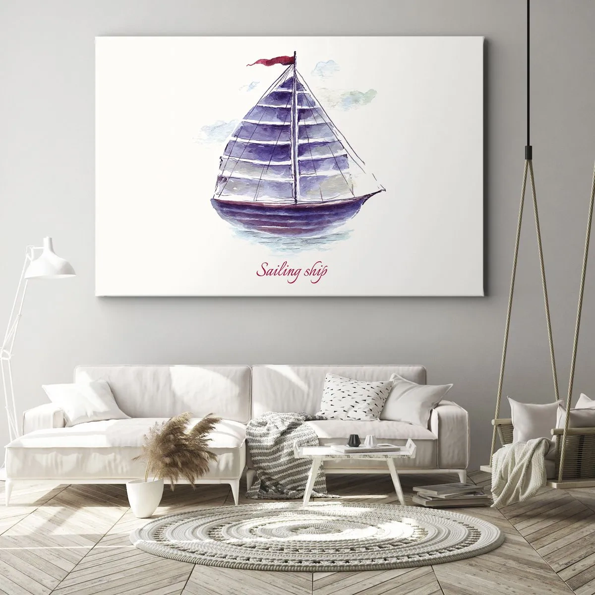 Obraz na plátně - Akvarelová malba plachetnice na vodě s jemným nápisem - 70x50cm - Napnuté plachty a klidná voda - Moderní nástěnná dekorace do obývacího pokoje a ložnice ARTTOR