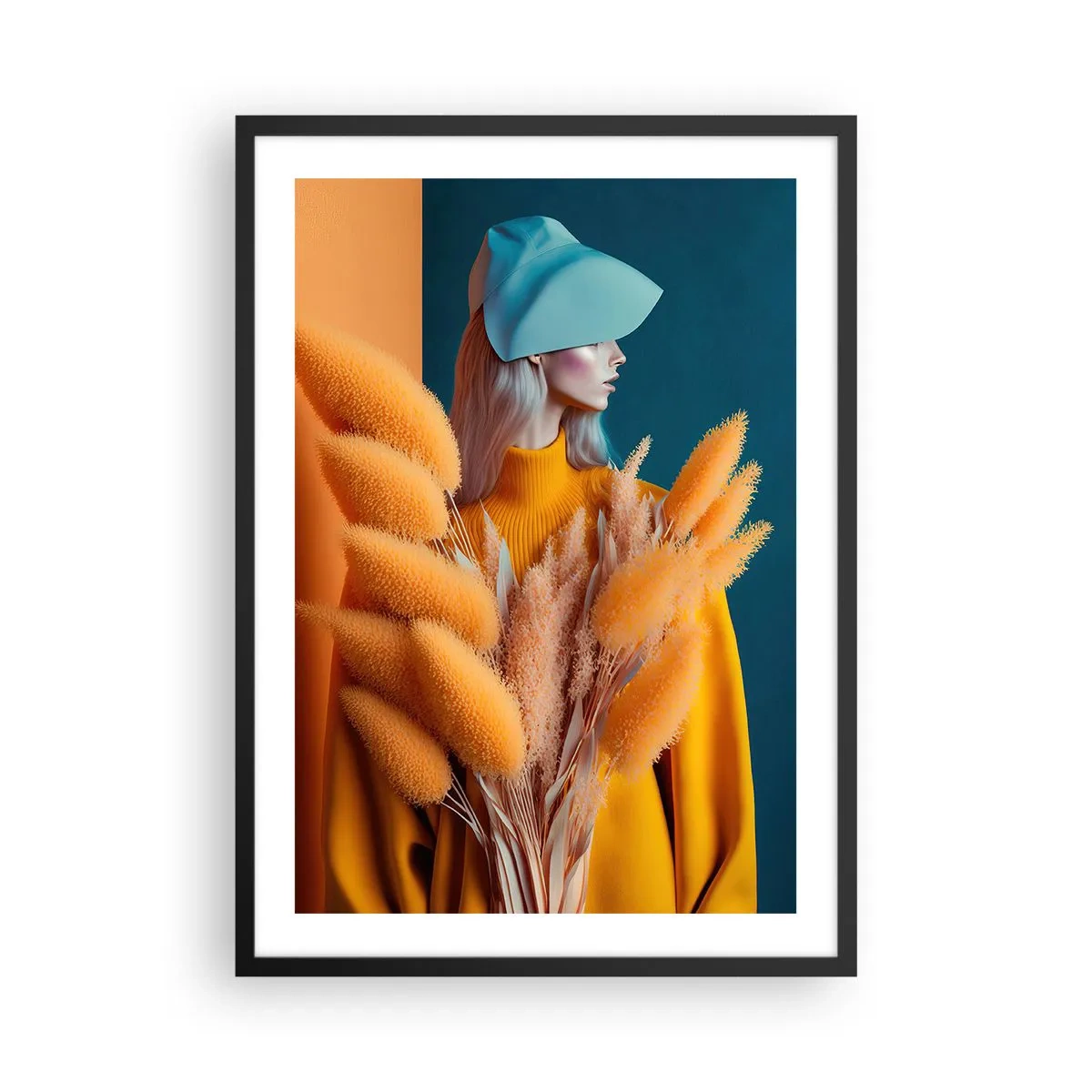 Plakát v černém rámu - Moderní portrét ženy v teplých barvách - 50x70cm - Chlupatý portrét - Moderní nástěnná dekorace do obývacího pokoje a ložnice ARTTOR