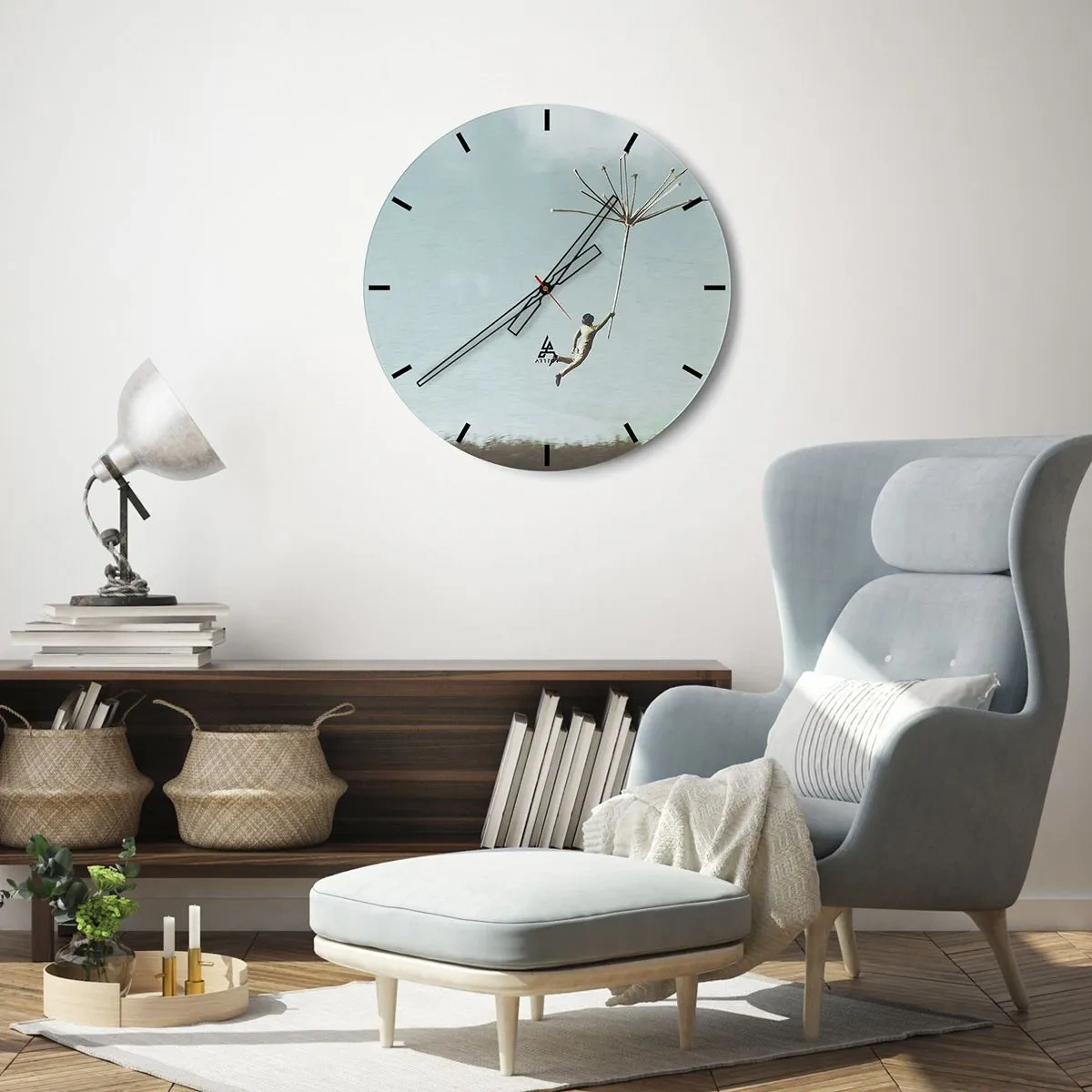 Nástěnné hodiny - Postava vznášející se ve vzduchu a držící obří pampelišku - 30x30cm - Letající pampeliška - Moderní nástěnná dekorace do obývacího pokoje, kuchyně a ložnice ARTTOR