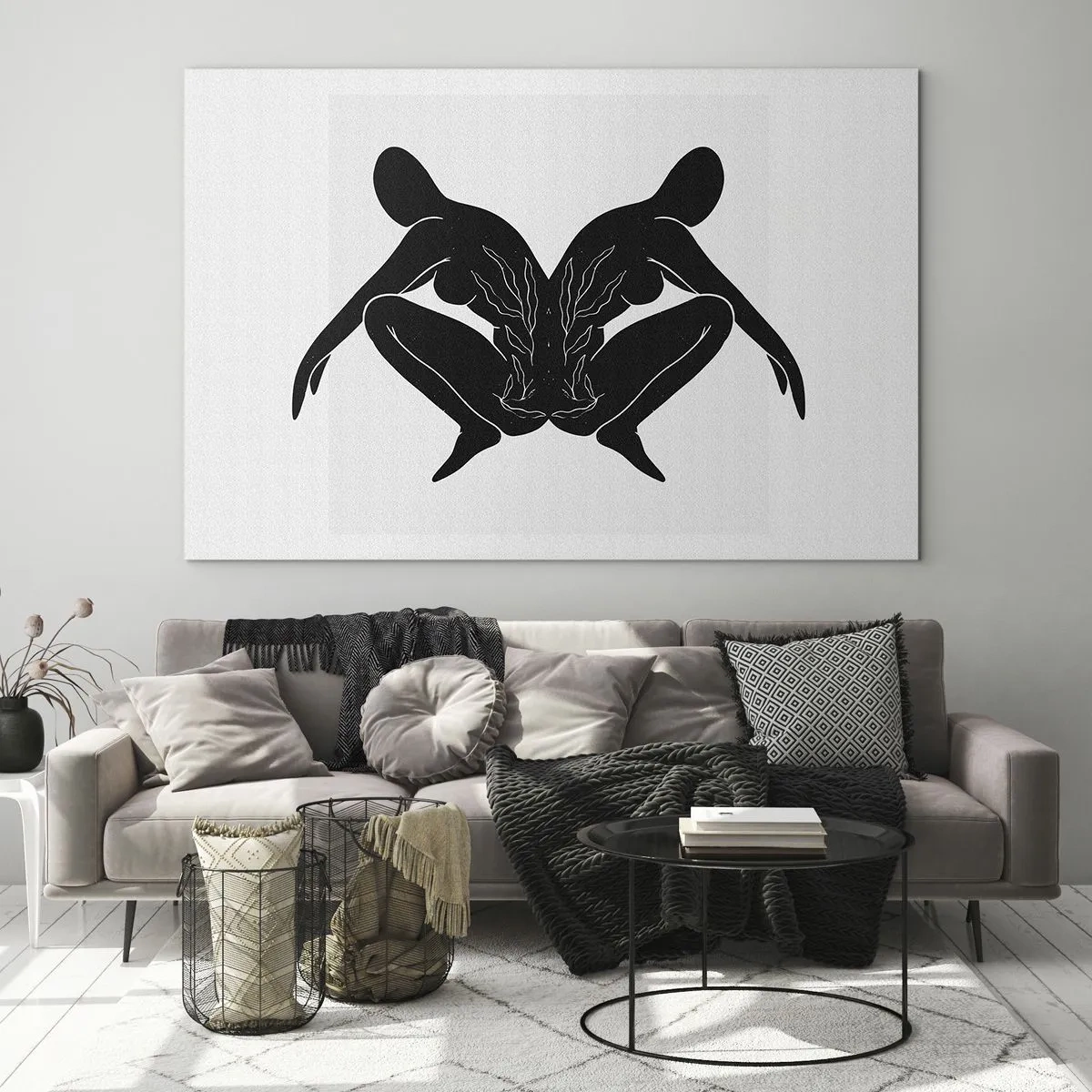 Obraz na skle - Černé postavy tvořící symetrické srdce na bílém pozadí - 70x50cm - Společná duše - Moderní nástěnná dekorace do obývacího pokoje a ložnice ARTTOR