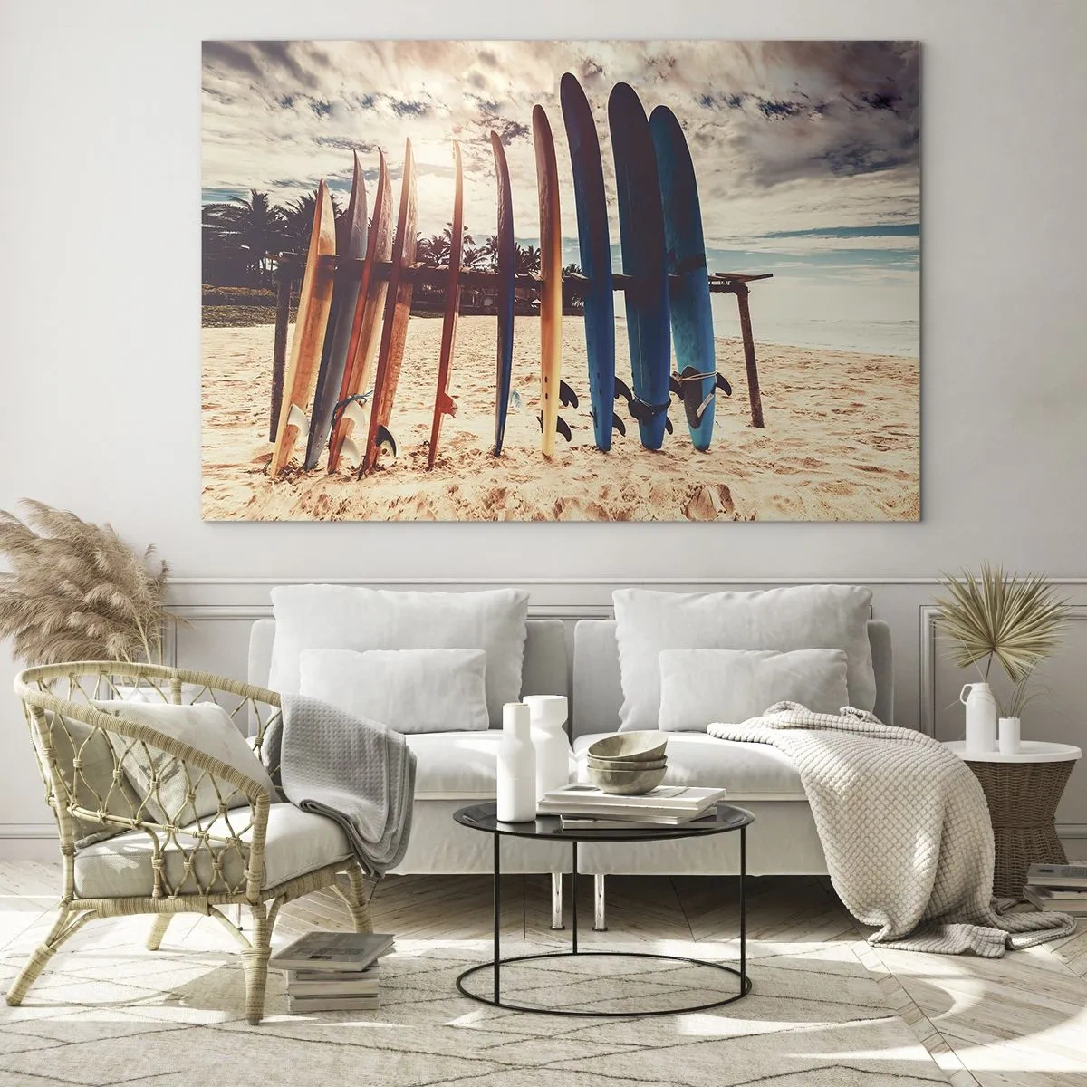 Obraz na skle - Barevné surfové prkna seřazené na pláži při západu slunce - 70x50cm - Dobrou noc, nashle zítra. - Moderní nástěnná dekorace do obývacího pokoje a ložnice ARTTOR