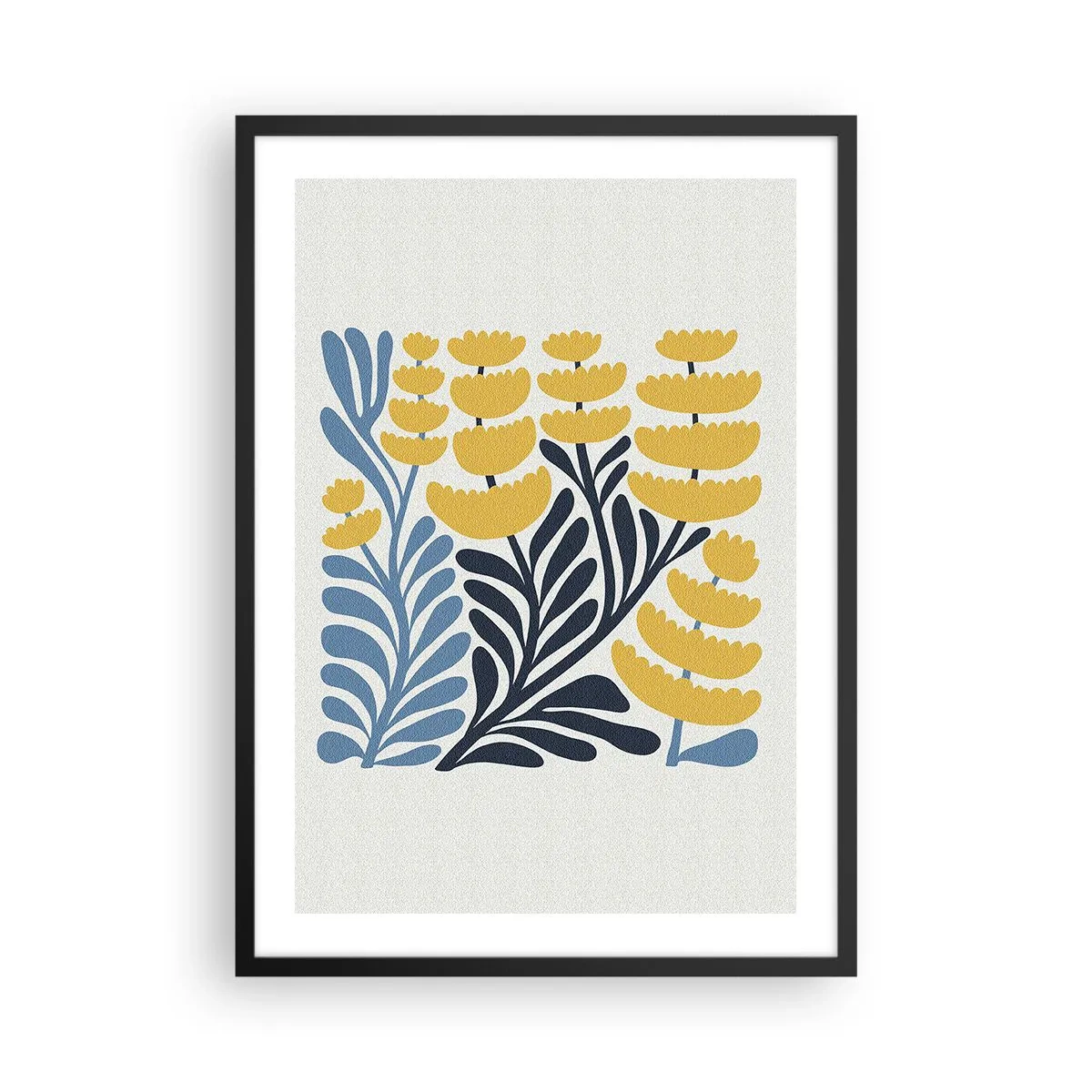 Plakát v černém rámu - Stylizované žluté a tmavě modré květy v minimalistickém stylu - 50x70cm - Sluneční záhon - Moderní nástěnná dekorace do obývacího pokoje a ložnice ARTTOR