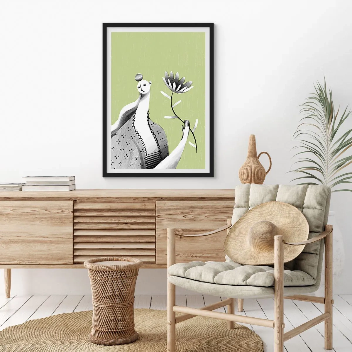Plakát v černém rámu - Minimalistická žena držící květinu na zeleném pozadí - 50x70cm - Modernistický portrét – držící květinu - Moderní nástěnná dekorace do obývacího pokoje a ložnice ARTTOR