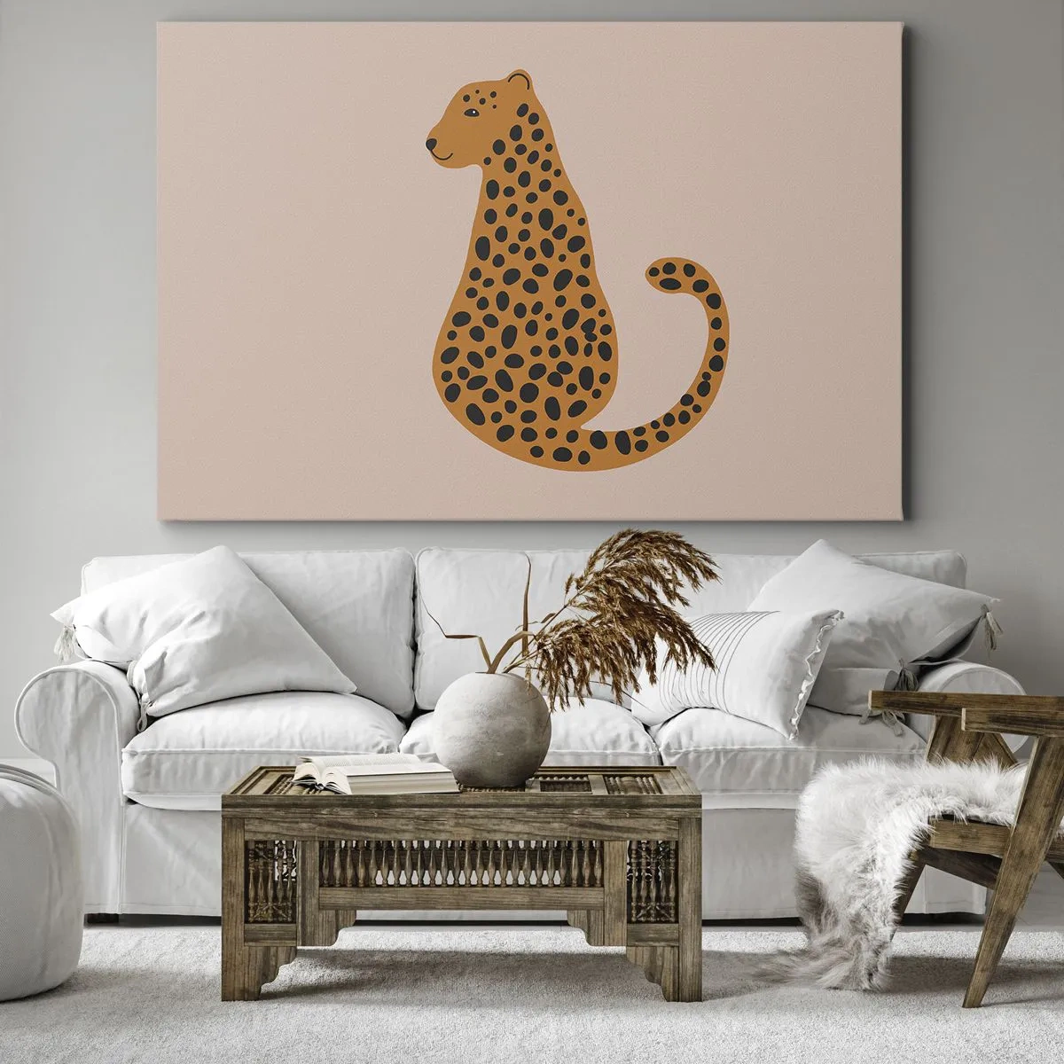 Obraz na plátně - Minimalistická kresba pantera na béžovém pozadí - 70x50cm - Leopardní vzor je v módě - Moderní nástěnná dekorace do obývacího pokoje a ložnice ARTTOR