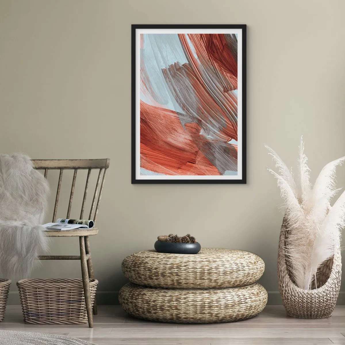 Plakát v černém rámu - Dynamické tahy štětcem v teplých tónech - 50x70cm - Podzimní větrná abstrakce - Moderní nástěnná dekorace do obývacího pokoje a ložnice ARTTOR