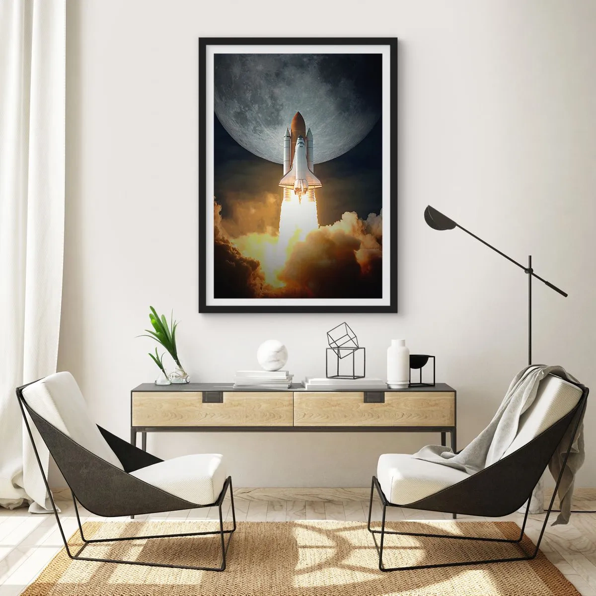 Plakát v černém rámu - Start raketoplánu s Měsícem v pozadí - 50x70cm - Začátek nadpřirozeného dobrodružství - Moderní nástěnná dekorace do obývacího pokoje a ložnice ARTTOR