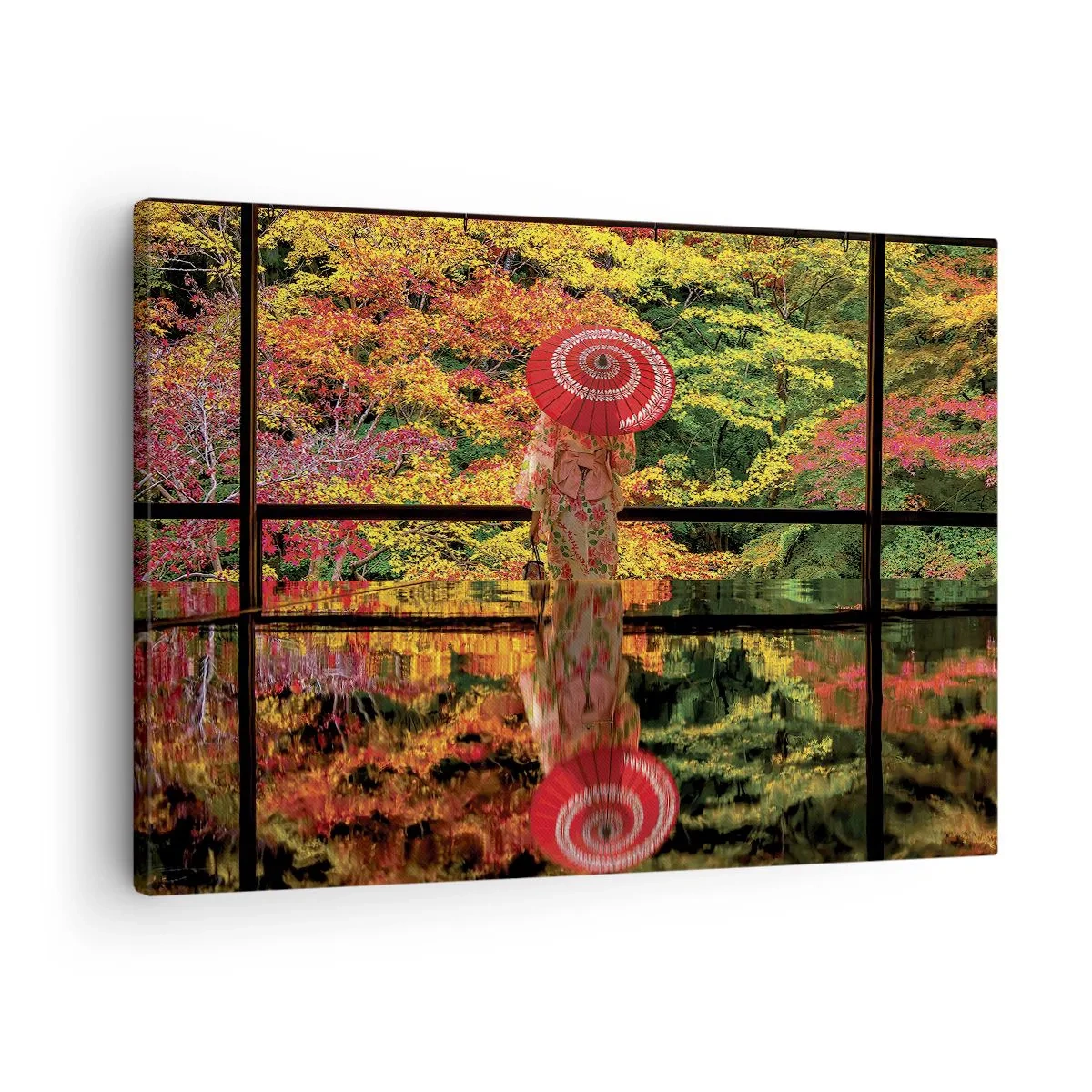 Obraz na plátně - Žena v kimonu s deštníkem na pozadí podzimní krajiny. - 70x50cm - V chrámu přírody - Moderní nástěnná dekorace do obývacího pokoje a ložnice ARTTOR