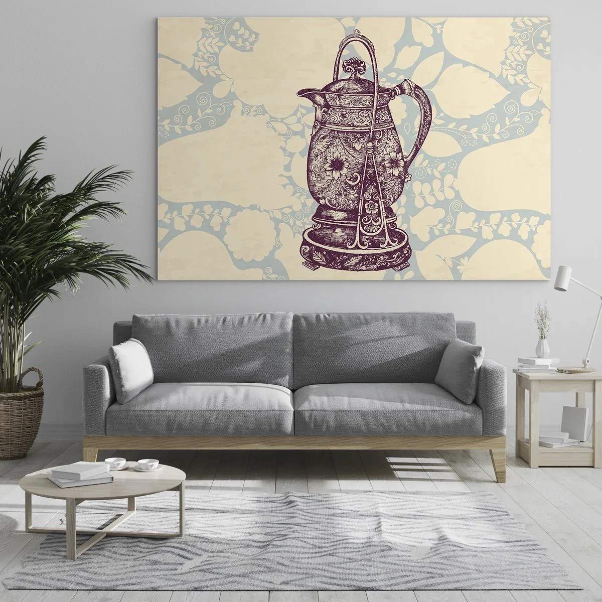 Obraz na skle - Zdobený vintage džbán na světlém pozadí s ornamentem - 70x50cm - Krása všedního dne - Moderní nástěnná dekorace do obývacího pokoje a ložnice ARTTOR