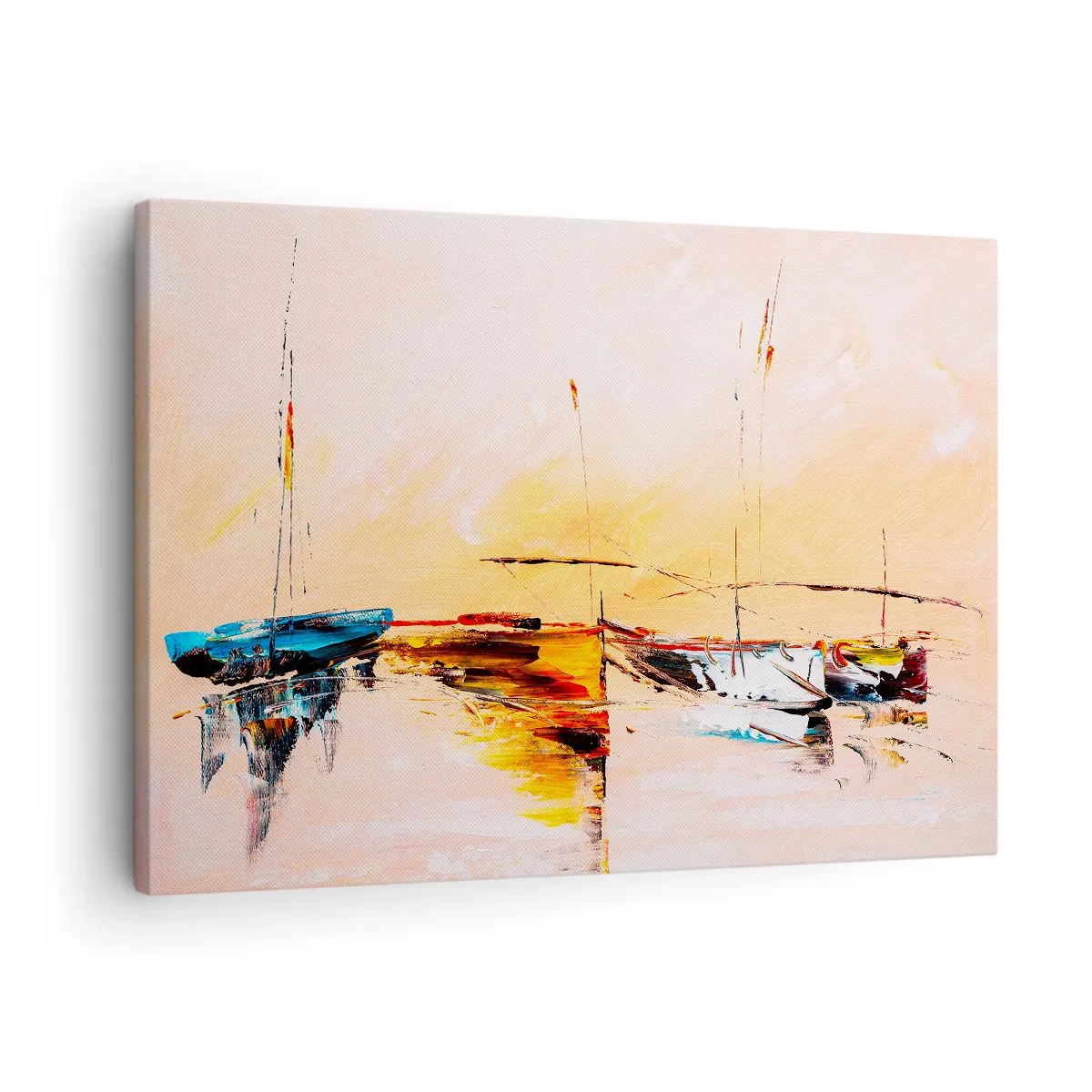 Obraz na plátně - Barevné lodě na klidné vodě při západu slunce - 70x50cm - Večer v přístavu - Moderní nástěnná dekorace do obývacího pokoje a ložnice ARTTOR
