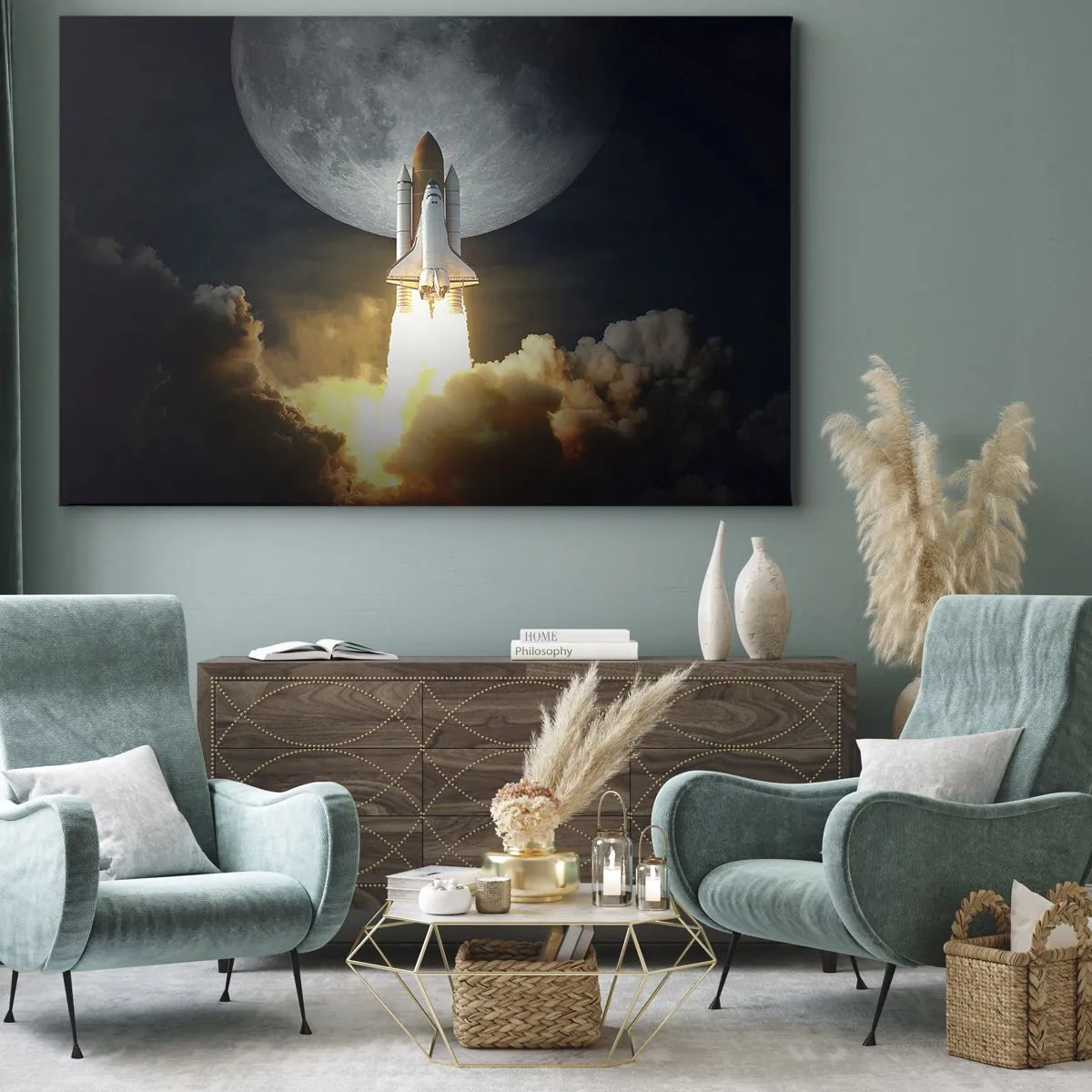Obraz na plátně - Raketa startující na pozadí úplňku obklopeného dynamickými mraky. - 70x50cm - Začátek nadpřirozeného dobrodružství - Moderní nástěnná dekorace do obývacího pokoje a ložnice ARTTOR