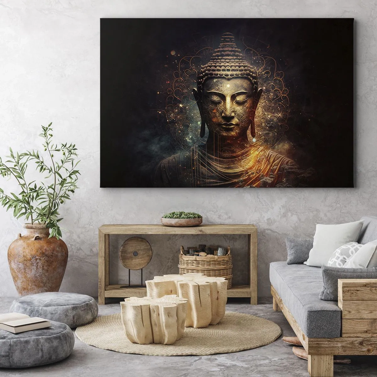 Obraz na plátně - Zlatý Buddha na tmavém pozadí s ornamenty - 70x50cm - Duchovní rovnováha - Moderní nástěnná dekorace do obývacího pokoje a ložnice ARTTOR