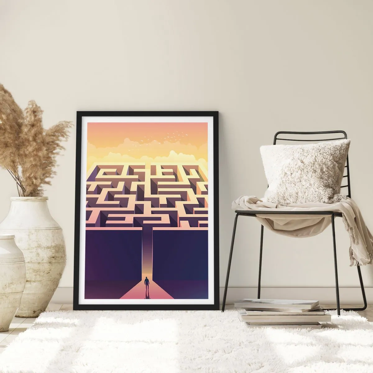 Plakát v černém rámu - Symbolický labyrint ve zlatém světle - 50x70cm - Čas rozhodnutí - Moderní nástěnná dekorace do obývacího pokoje a ložnice ARTTOR