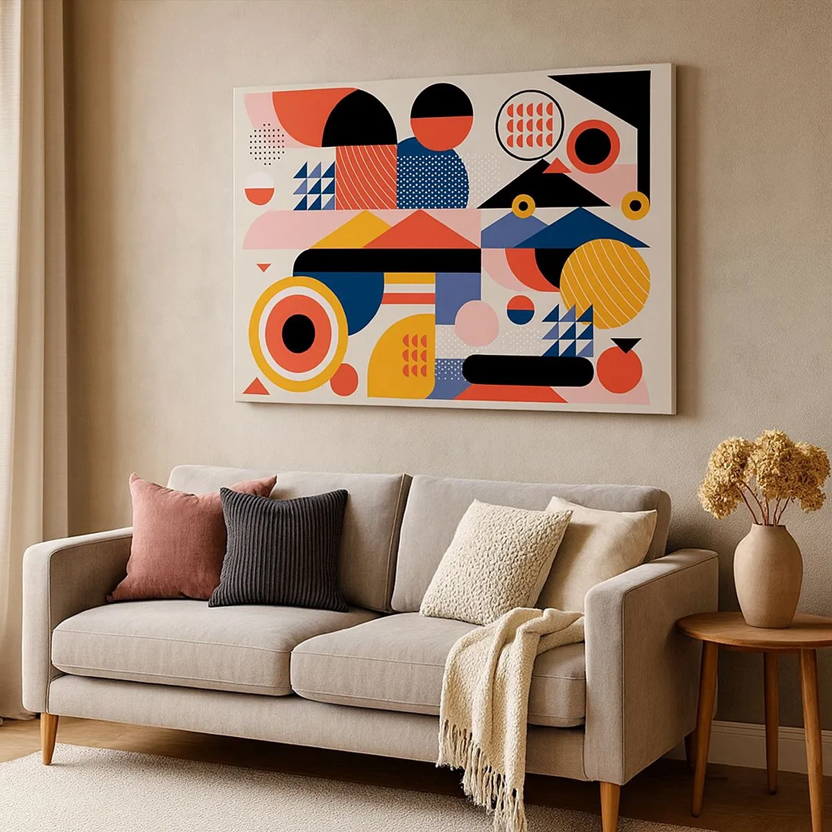 Obraz na plátně - Barevné geometrické tvary v retro stylu - 70x50cm - Kompozice: pojďme si hrát - Moderní nástěnná dekorace do obývacího pokoje a ložnice ARTTOR