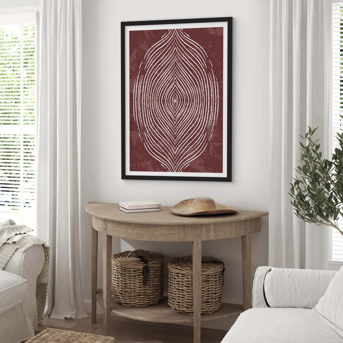 Plakát v černém rámu - Hypnotický vzor bílých čar na hnědém pozadí. - 50x70cm - Prostor promlouvá - Moderní nástěnná dekorace do obývacího pokoje a ložnice ARTTOR