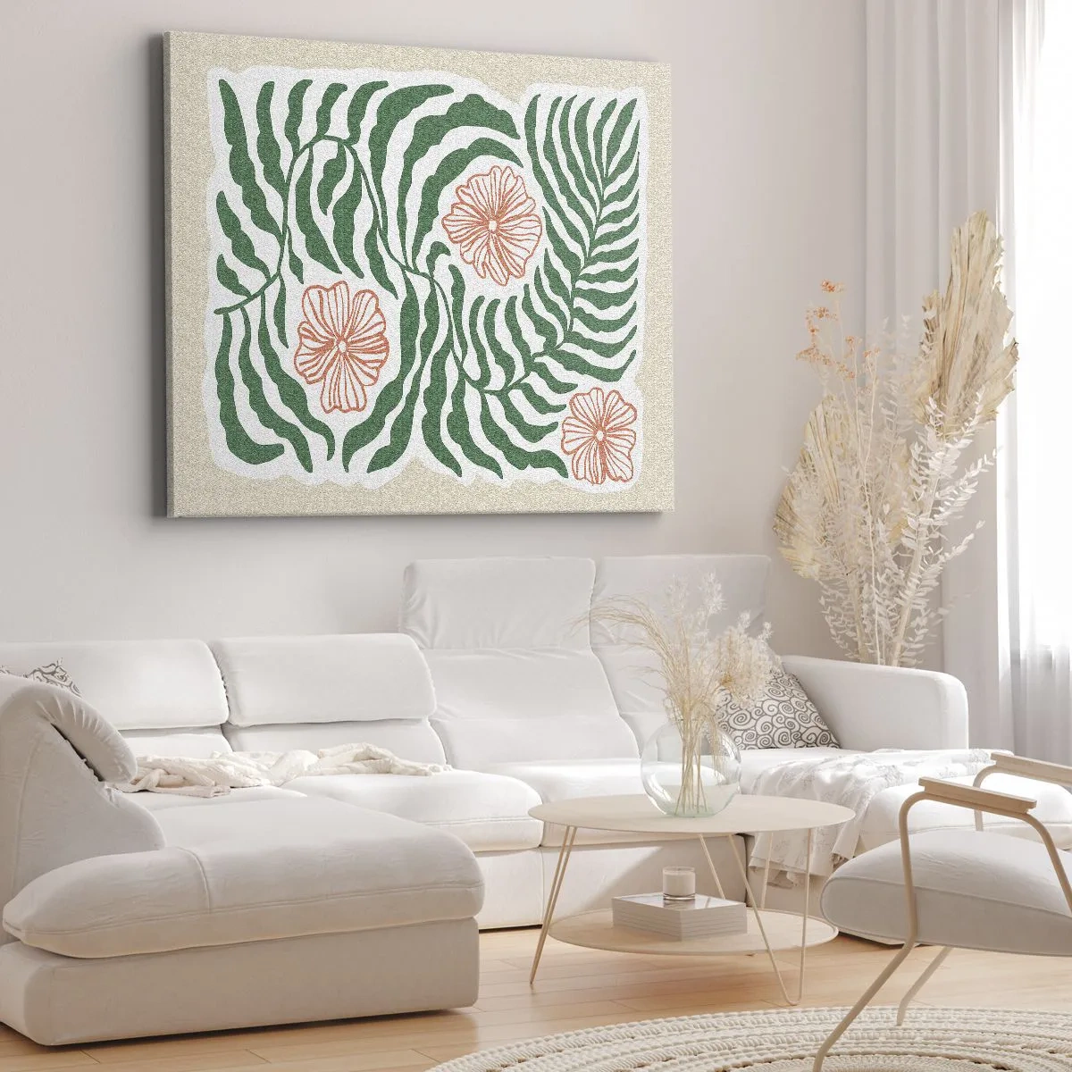 Obraz na plátně - Minimalistický motiv zelených listů s květy v oranžových odstínech. - 70x50cm - Rozkvetlé v zeleni - Moderní nástěnná dekorace do obývacího pokoje a ložnice ARTTOR