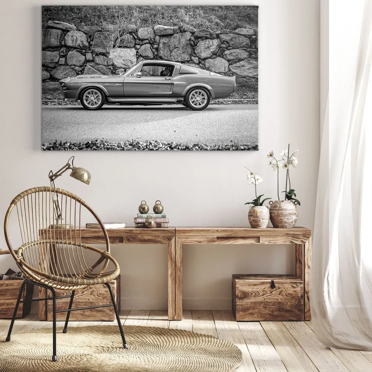 Obraz na plátně - Černobílá fotografie klasického auta - 70x50cm - Legenda 60. let - Moderní nástěnná dekorace do obývacího pokoje a ložnice ARTTOR