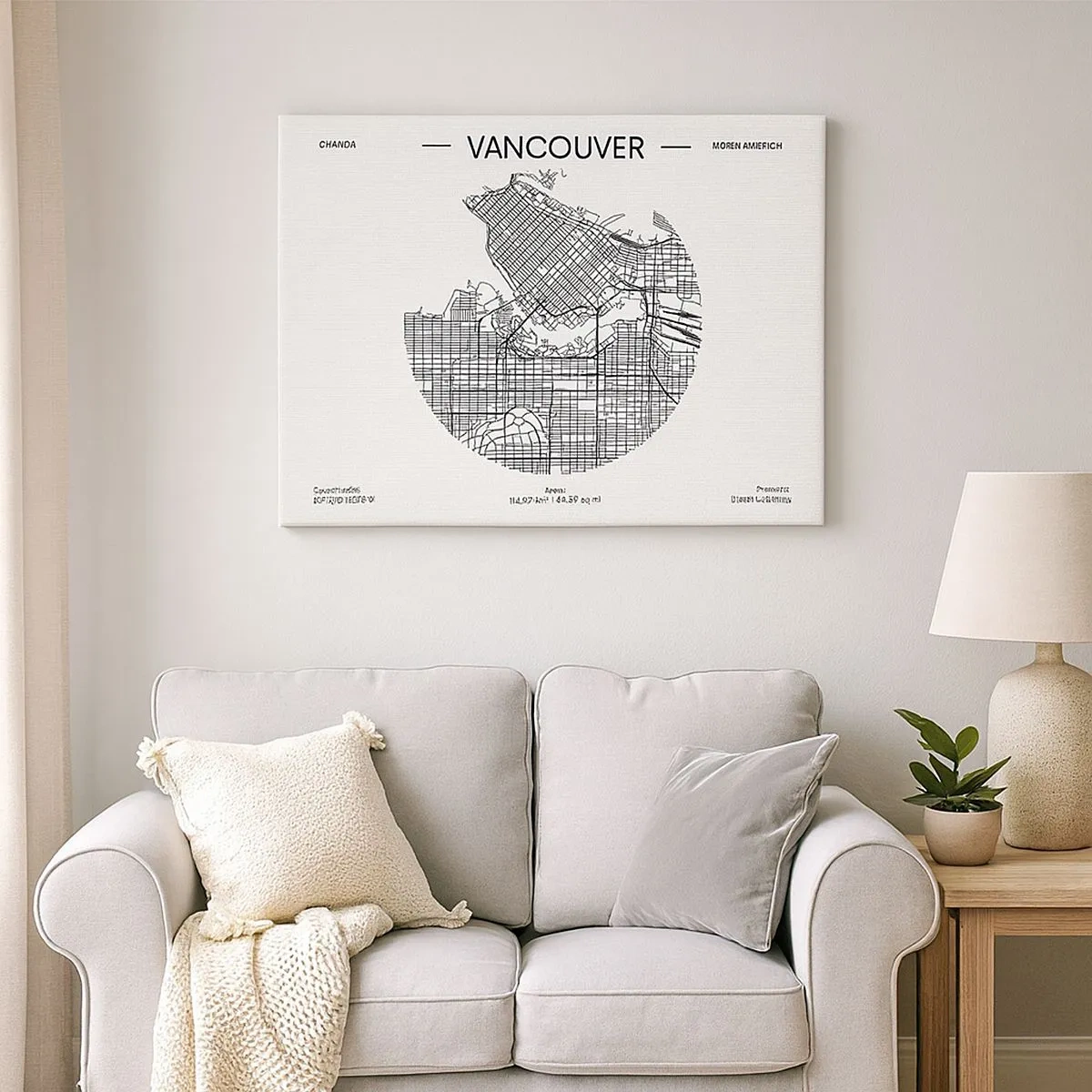 Obraz na plátně - Mapa Vancouveru v minimalistickém černobílém stylu - 70x50cm - Anatomie Vancouveru - Moderní nástěnná dekorace do obývacího pokoje a ložnice ARTTOR