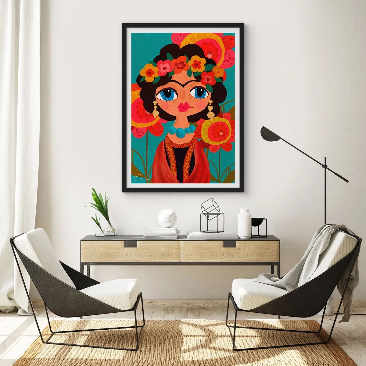 Plakát v černém rámu - Barevný portrét ženy v lidovém stylu a květinová koruna - 50x70cm - O makové panence - Moderní nástěnná dekorace do obývacího pokoje a ložnice ARTTOR