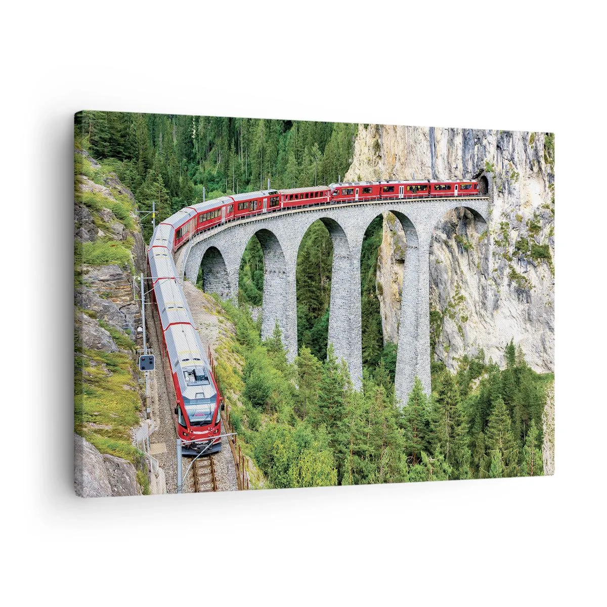 Obraz na plátně - Vlak na malebném viaduktu v hornaté krajině - 70x50cm - Horský výhled přímo z vlaku - Moderní nástěnná dekorace do obývacího pokoje a ložnice ARTTOR