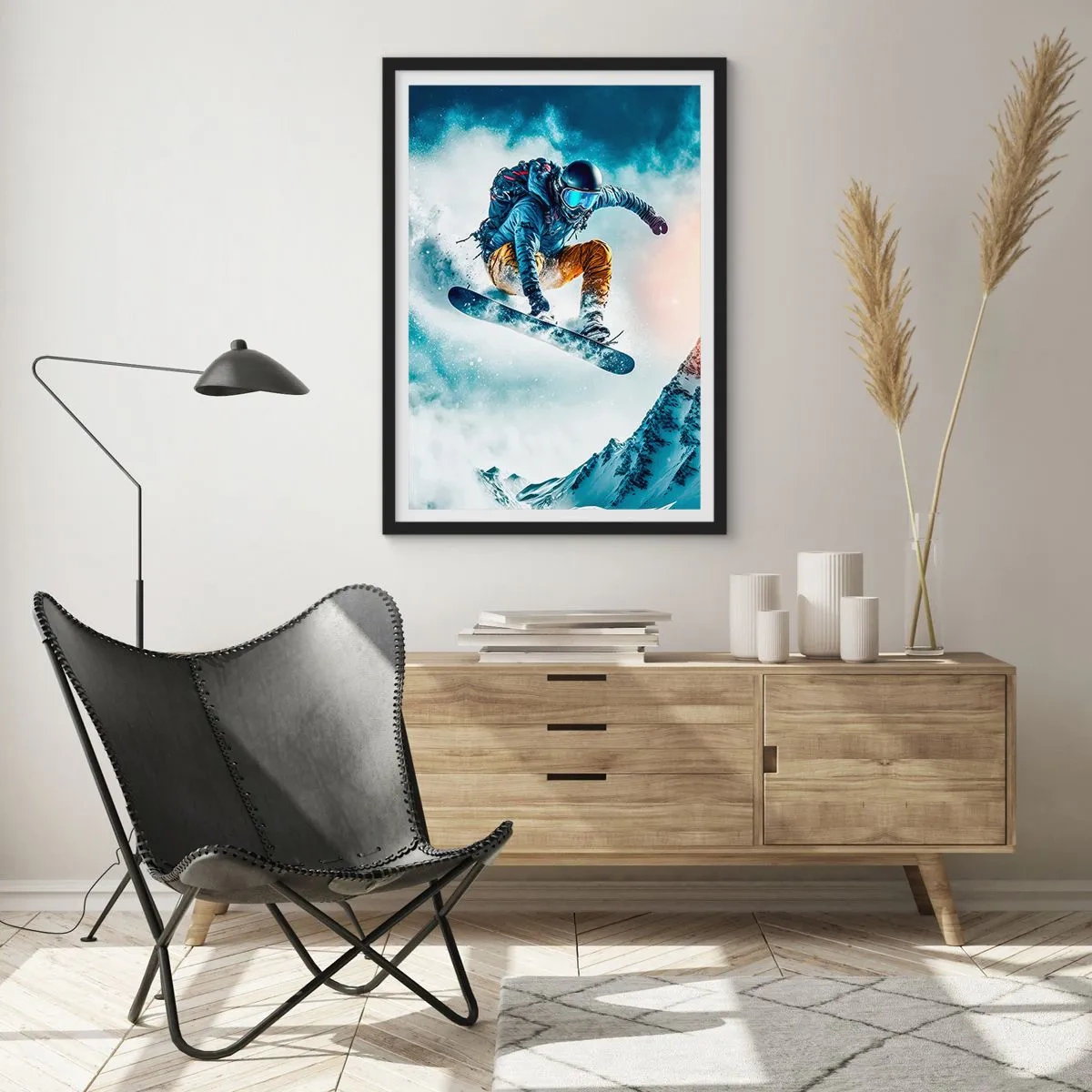 Plakát v černém rámu - Snowboardista letí nad zasněženým vrcholem hory - 50x70cm - Extrémní emoce - Moderní nástěnná dekorace do obývacího pokoje a ložnice ARTTOR