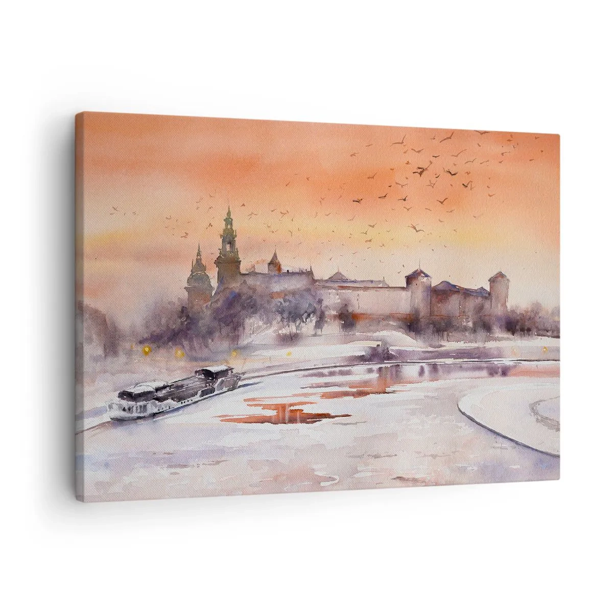 Obraz na plátně - Západ slunce nad hradem v zimní krajině - 70x50cm - Královský západ slunce - Moderní nástěnná dekorace do obývacího pokoje a ložnice ARTTOR